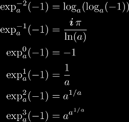 
\exp_a^{-2}({-}1) & = \log_a(\log_a(-1)) \\\notag
\exp_a^{-1}({-}1) & = \frac{\ii \pi}{\ln(a)} \\\notag
\exp_a^{0}({-}1) & = -1 \\\notag
\exp_a^{1}({-}1) & = \frac{1}{a} \\\notag
\exp_a^{2}({-}1) & = a^{1/a} \\\notag
\exp_a^{3}({-}1) & = a^{a^{1/a}} \\\notag
